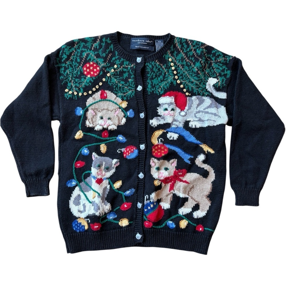 Vtg Northern Isles Christmas Cats Holiday Cardigan Hand Embroidered Kittens XS